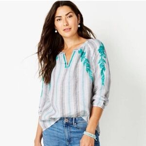 J. JILL  Size Medium Petite Love Linen‎ Collection Embroidered Appliqué Boho Top